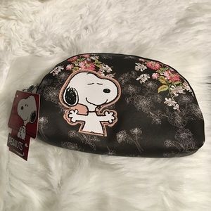 Peanuts Snoopy Floral Black Cosmetic Bag with Pink Accents